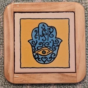 Hamsa ceramic hand painted coaster or decorative tile in wooden frame.